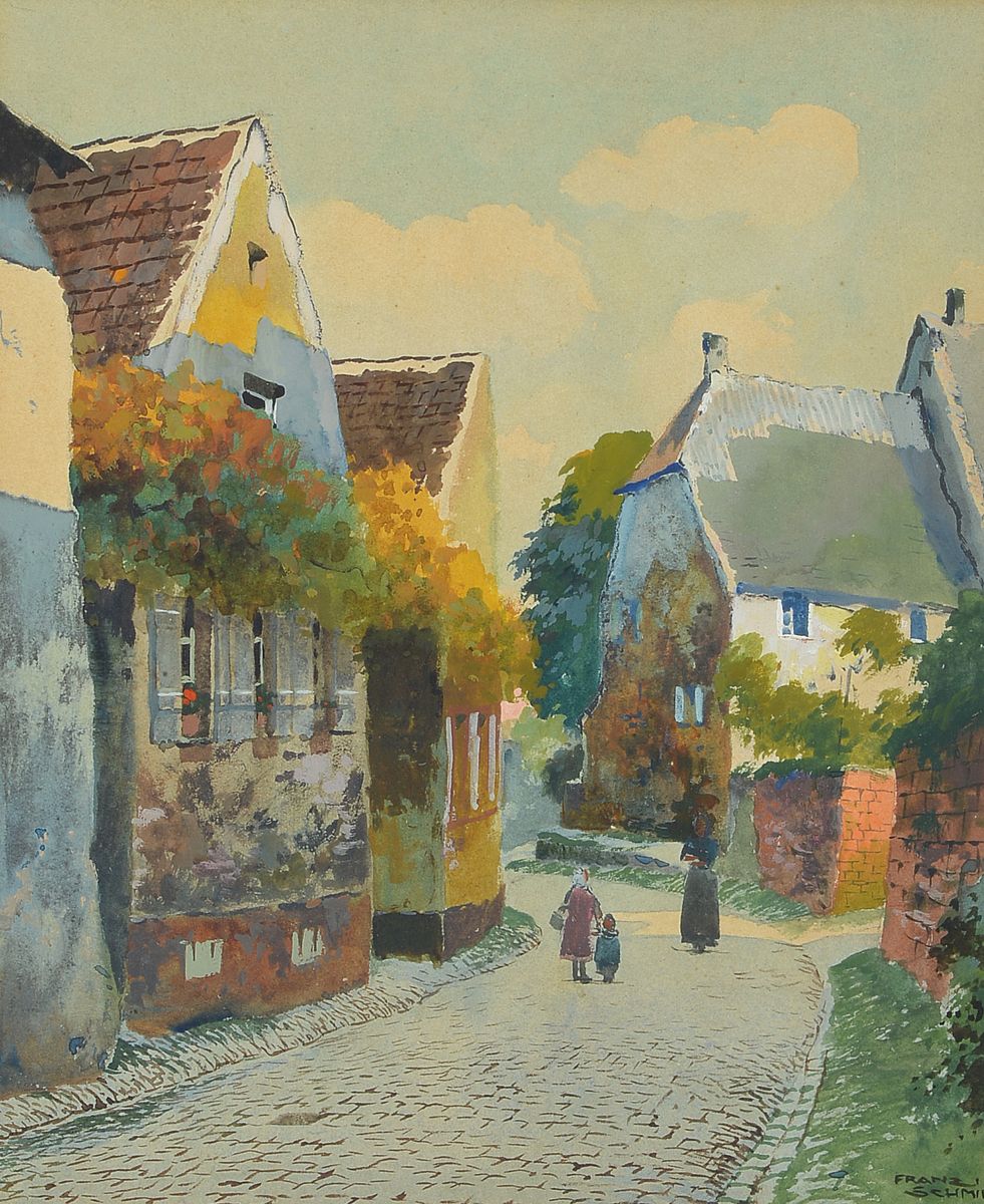 Franz Schmidt, 1884-1951, Blick auf eine Straße in der Pfalz, Aquarell auf Papier, rechts unten signiert, ca. 26x22cm, PP, u.Gl., R. ca. 52x41cm