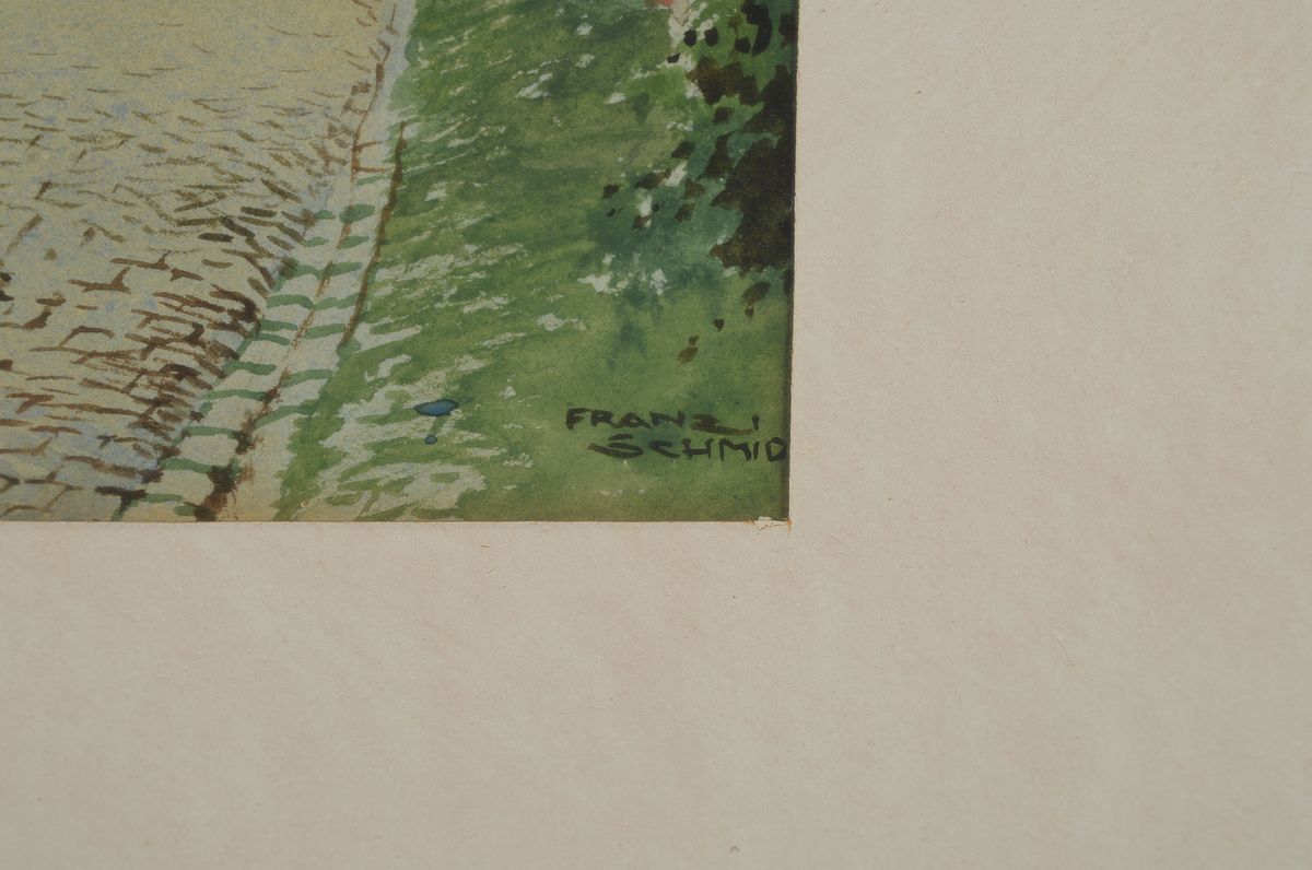 Detail a: Franz Schmidt, 1884-1951, Blick auf eine Straße in der Pfalz, Aquarell auf Papier, rechts unten signiert, ca. 26x22cm, PP, u.Gl., R. ca. 52x41cm