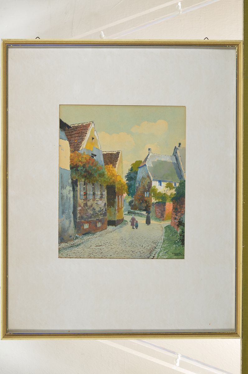 Detail k: Franz Schmidt, 1884-1951, Blick auf eine Straße in der Pfalz, Aquarell auf Papier, rechts unten signiert, ca. 26x22cm, PP, u.Gl., R. ca. 52x41cm