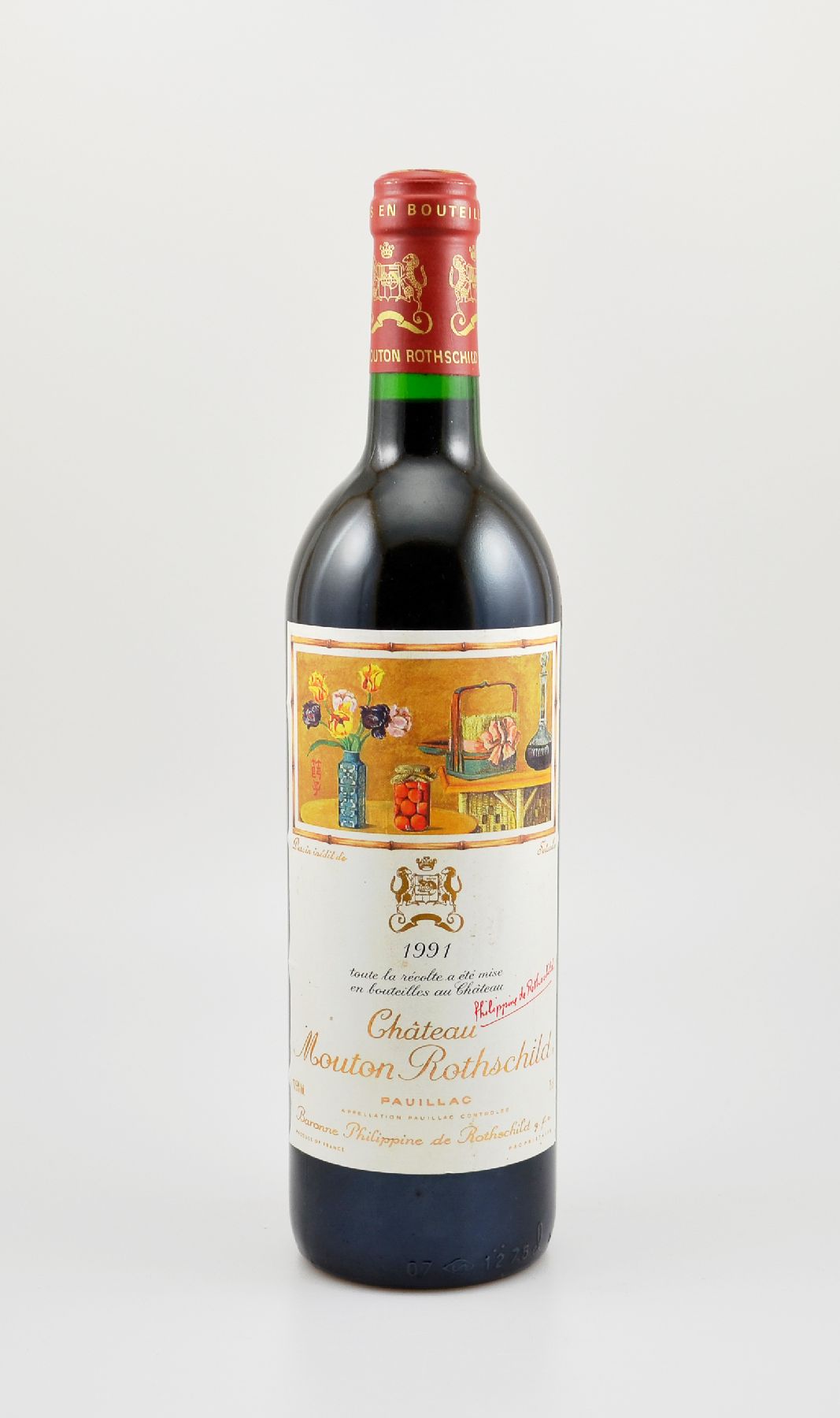 1 Flasche 1991 Chateau Mouton Rothschild, Pauillac, Premier Grand Cru Classe, ca. 75 cl, 12,5 % Vol., Füllstand: into neck, guter Erhaltungszustand, ...