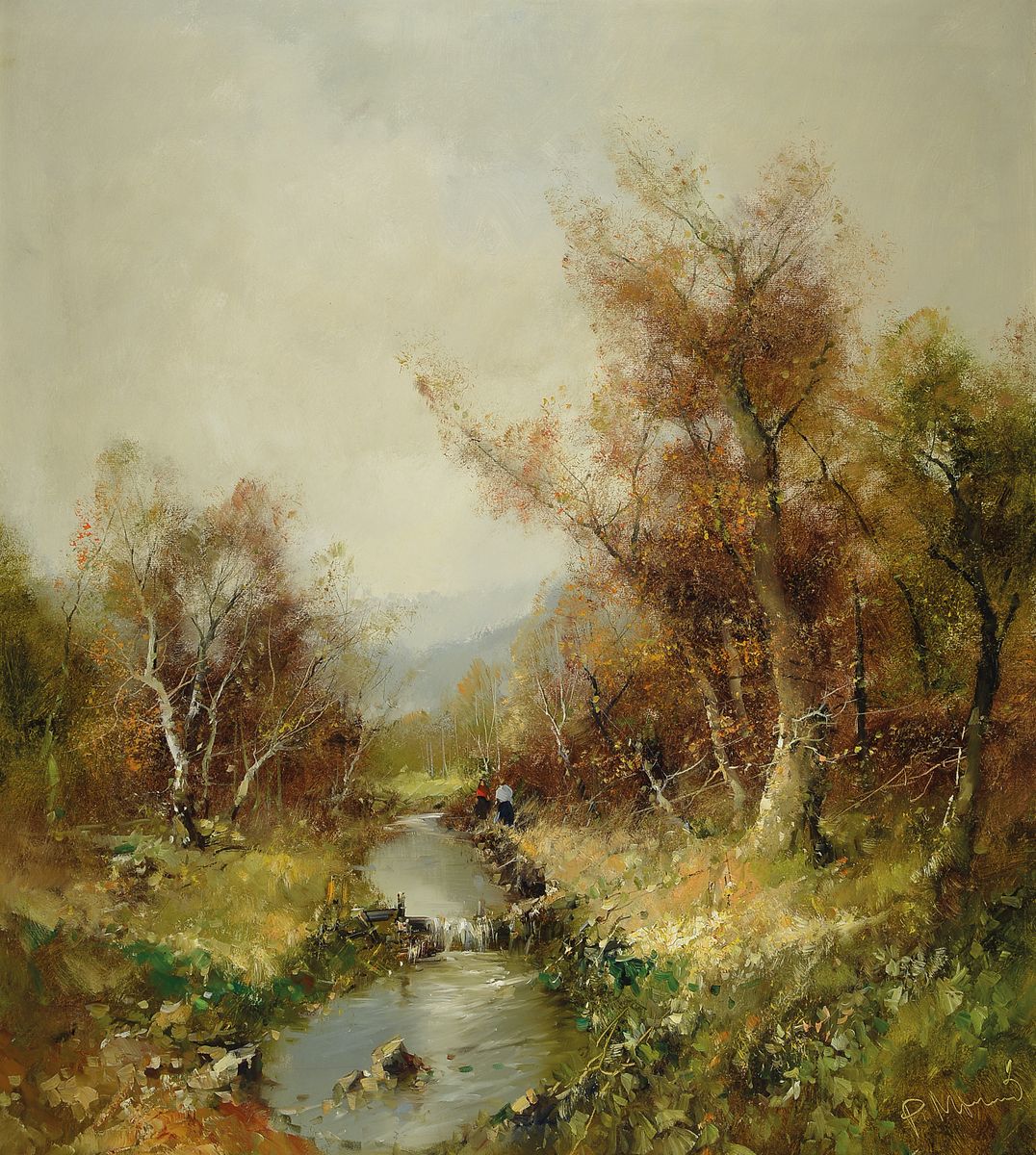 Ingfried Paul Henze Morro, 1925 Leipzig-2013, Herbstliche Landschaft mit Bachlauf und Spaziergängern, Öl/Lwd, rechts unten signiert P. Morro, ca. ...