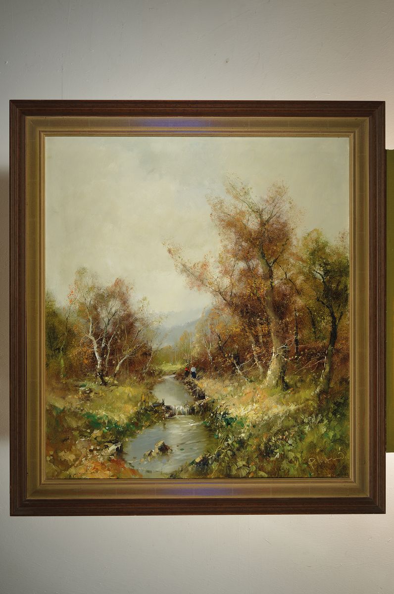Detail k: Ingfried Paul Henze Morro, 1925 Leipzig-2013, Herbstliche Landschaft mit Bachlauf und Spaziergängern, Öl/Lwd, rechts unten signiert P. Morro, ca. ...