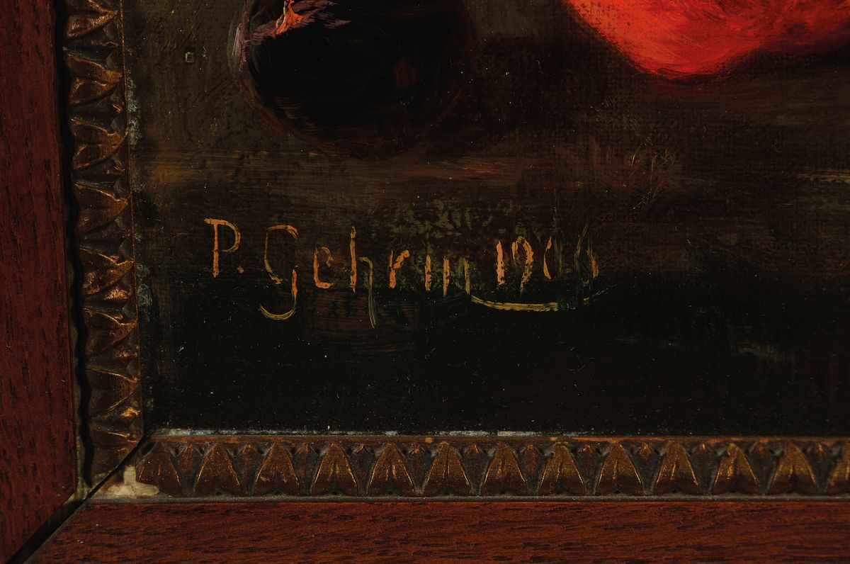 Detail a: P. Gehrin, datiert 1906, Stillleben mit Pflaumen im Messinggefäß, Tomaten, Salat und Wasserglas, Öl/Malkarton, links unten sign. und dat., ca. ...