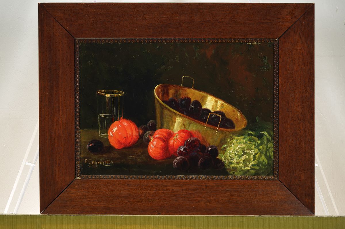 Detail k: P. Gehrin, datiert 1906, Stillleben mit Pflaumen im Messinggefäß, Tomaten, Salat und Wasserglas, Öl/Malkarton, links unten sign. und dat., ca. ...