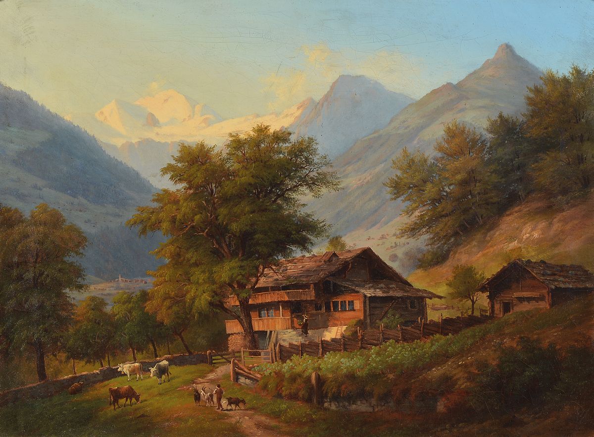 Ludwig Burckhardt, 1807-1878, Landschaft im Gebirge mit Bauernhof, Personen und Vieh, Öl/Lwd, rechts unten signiert und dat. 1872, ca. 50x70cm, R. ...