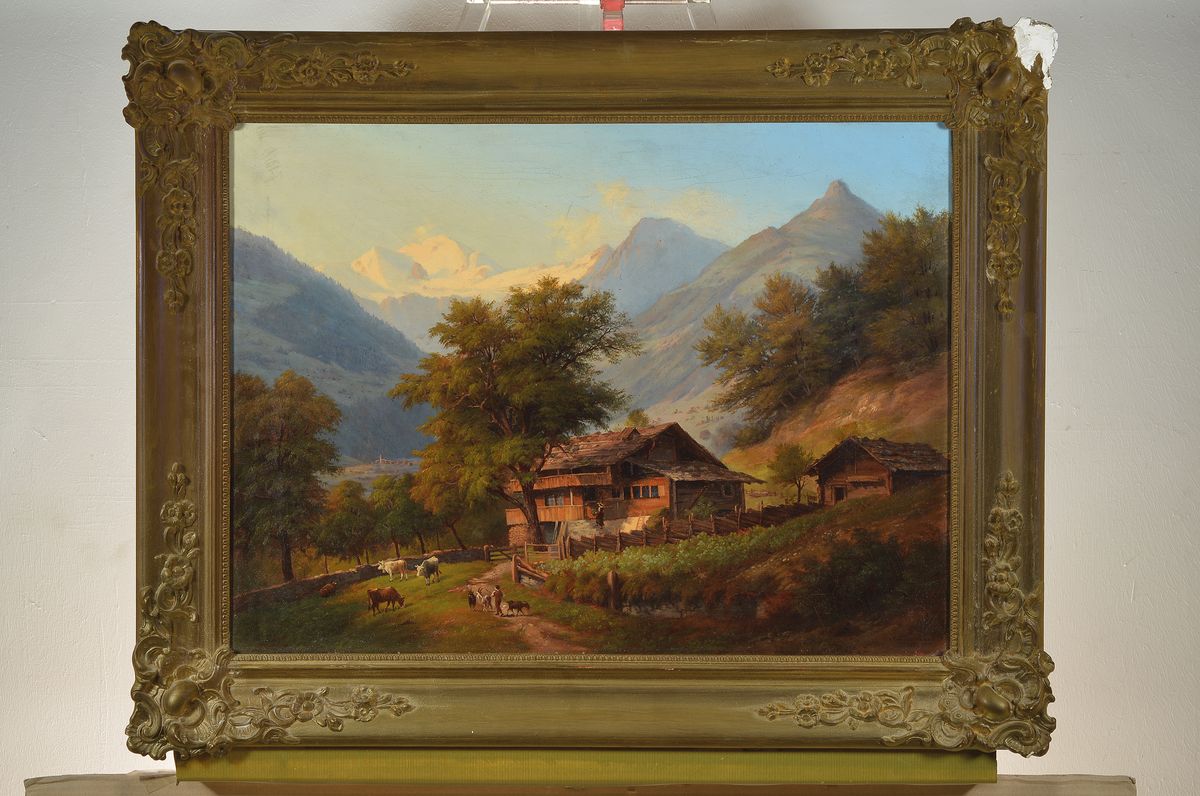 Detail k: Ludwig Burckhardt, 1807-1878, Landschaft im Gebirge mit Bauernhof, Personen und Vieh, Öl/Lwd, rechts unten signiert und dat. 1872, ca. 50x70cm, R. ...