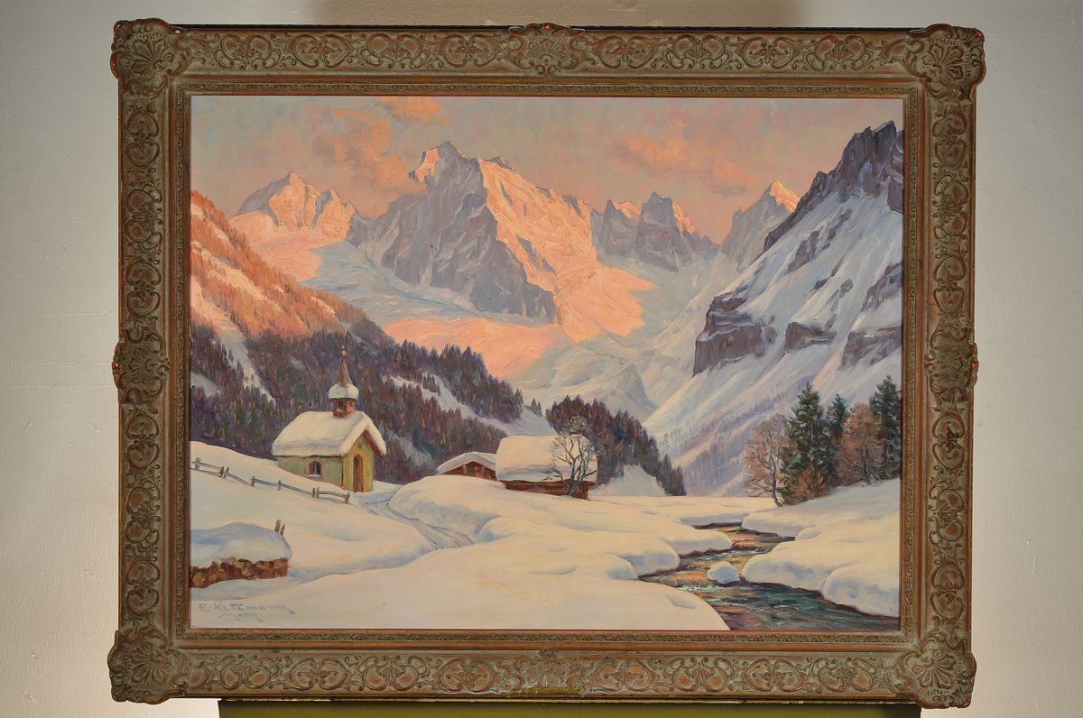 Detail k: Erwin Kettemann, 1897 München-1971 Tegernsee, Winterlandschaft in den Bergen im Abendrot, Öl/Lwd, links unten signiert, ca. 60x80cm, R. ca. 75x95cm