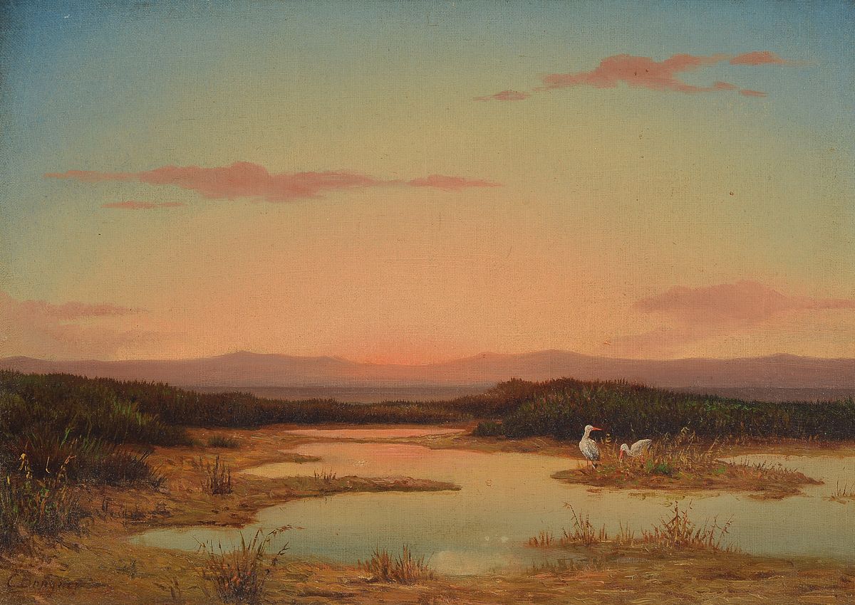 Cölestin Brügner, 1824-1887 Berlin, Weite Moorlandschaft mit zwei Störchen im Abendrot, Öl/Malkarton, links unten signiert, ca. 26.5x37.5cm, R. ...