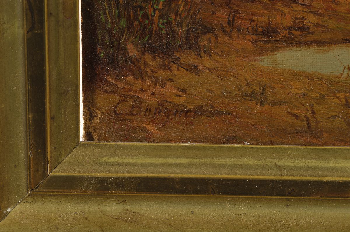 Detail a: Cölestin Brügner, 1824-1887 Berlin, Weite Moorlandschaft mit zwei Störchen im Abendrot, Öl/Malkarton, links unten signiert, ca. 26.5x37.5cm, R. ...