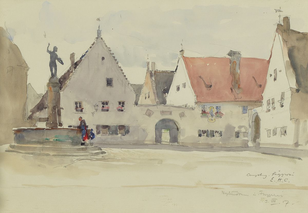 Edward Harrison Compton, 1881-1960, Stadtansicht, Aquarell über Bleistift auf Papier, rechts unten monogrammiert, betitelt Augsburg Fuggerei und ...