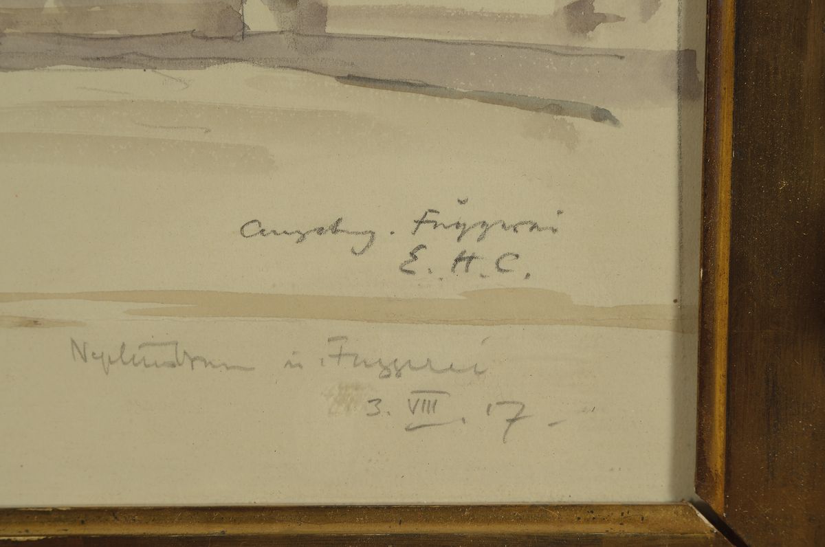 Detail a: Edward Harrison Compton, 1881-1960, Stadtansicht, Aquarell über Bleistift auf Papier, rechts unten monogrammiert, betitelt Augsburg Fuggerei und ...
