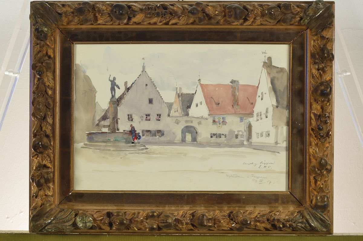 Detail k: Edward Harrison Compton, 1881-1960, Stadtansicht, Aquarell über Bleistift auf Papier, rechts unten monogrammiert, betitelt Augsburg Fuggerei und ...