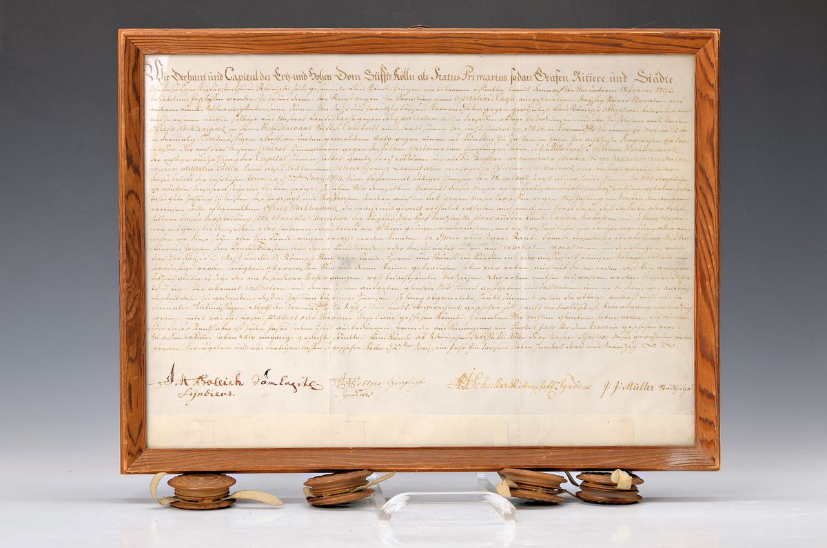 Urkunde, deutsch, 1793, Handschrift auf Pergament, mehrfach gefaltet, ca. 30x40cm, mit vier orig. Siegel in Siegeldosen