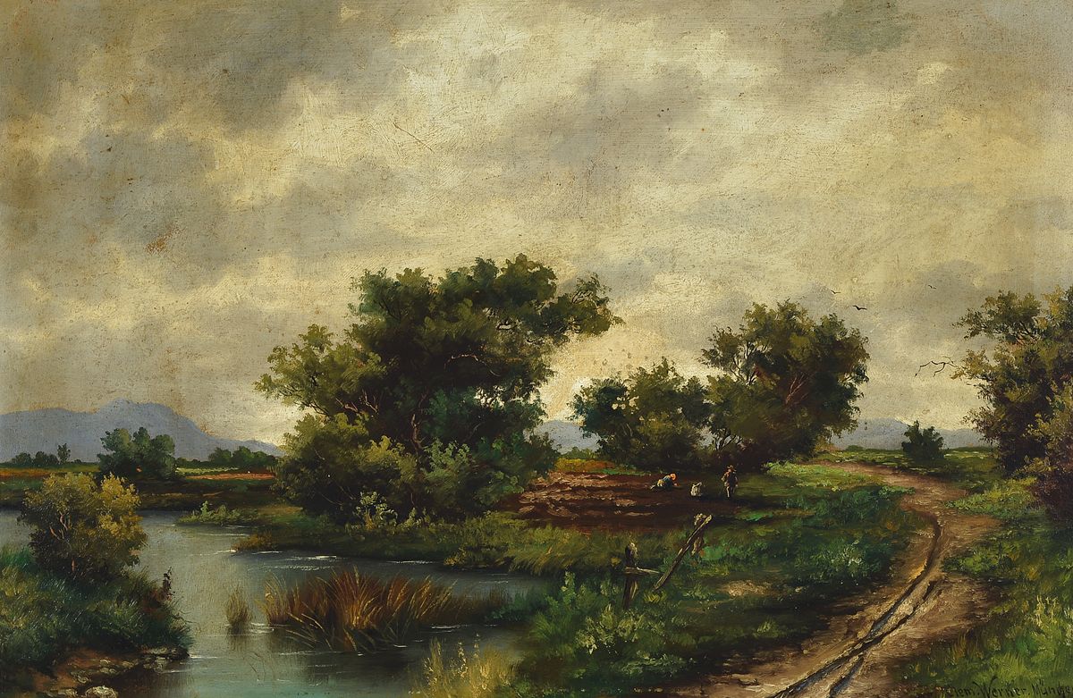 Clemens Werner, Münchener Landschaftsmaler des 19./20. Jh., Landschaft bei Dachau mit erntenden Bauern, Öl/Malkarton, rechts unten signiert, ca. ...