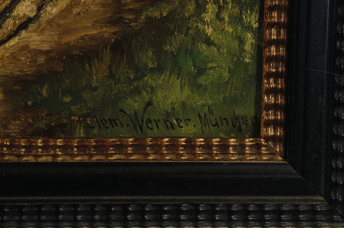 Detail a: Clemens Werner, Münchener Landschaftsmaler des 19./20. Jh., Landschaft bei Dachau mit erntenden Bauern, Öl/Malkarton, rechts unten signiert, ca. ...