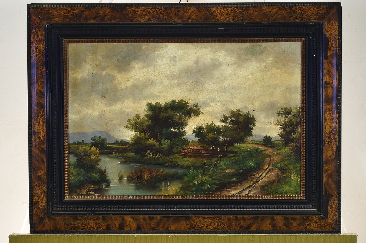 Detail k: Clemens Werner, Münchener Landschaftsmaler des 19./20. Jh., Landschaft bei Dachau mit erntenden Bauern, Öl/Malkarton, rechts unten signiert, ca. ...