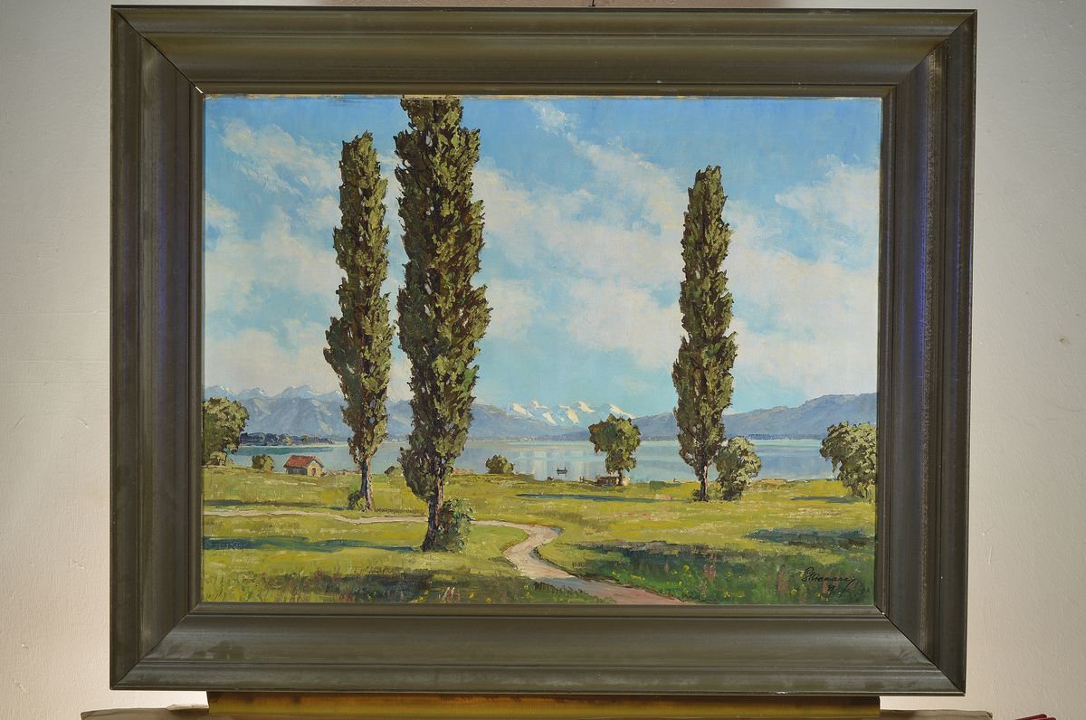 Detail k: Gottfried Niemann, 1882 Berlin-1950 Wustrow, Schüler von G. Kuehl in Dresden und H. Gröber in München, hier: Pappeln am Bodensee, rückseitig so ...