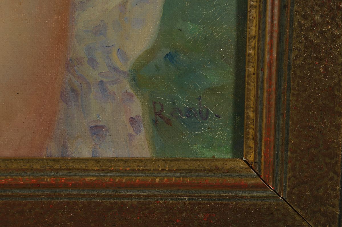 Detail a: Raab, Mitte 20. Jh., Mädchen im weißem Kleid, Öl/Lwd., re. u. signiert Raab, verso mit Karlsruher Galeriestempelung, 40 x 30 cm, Rahmen leicht ...