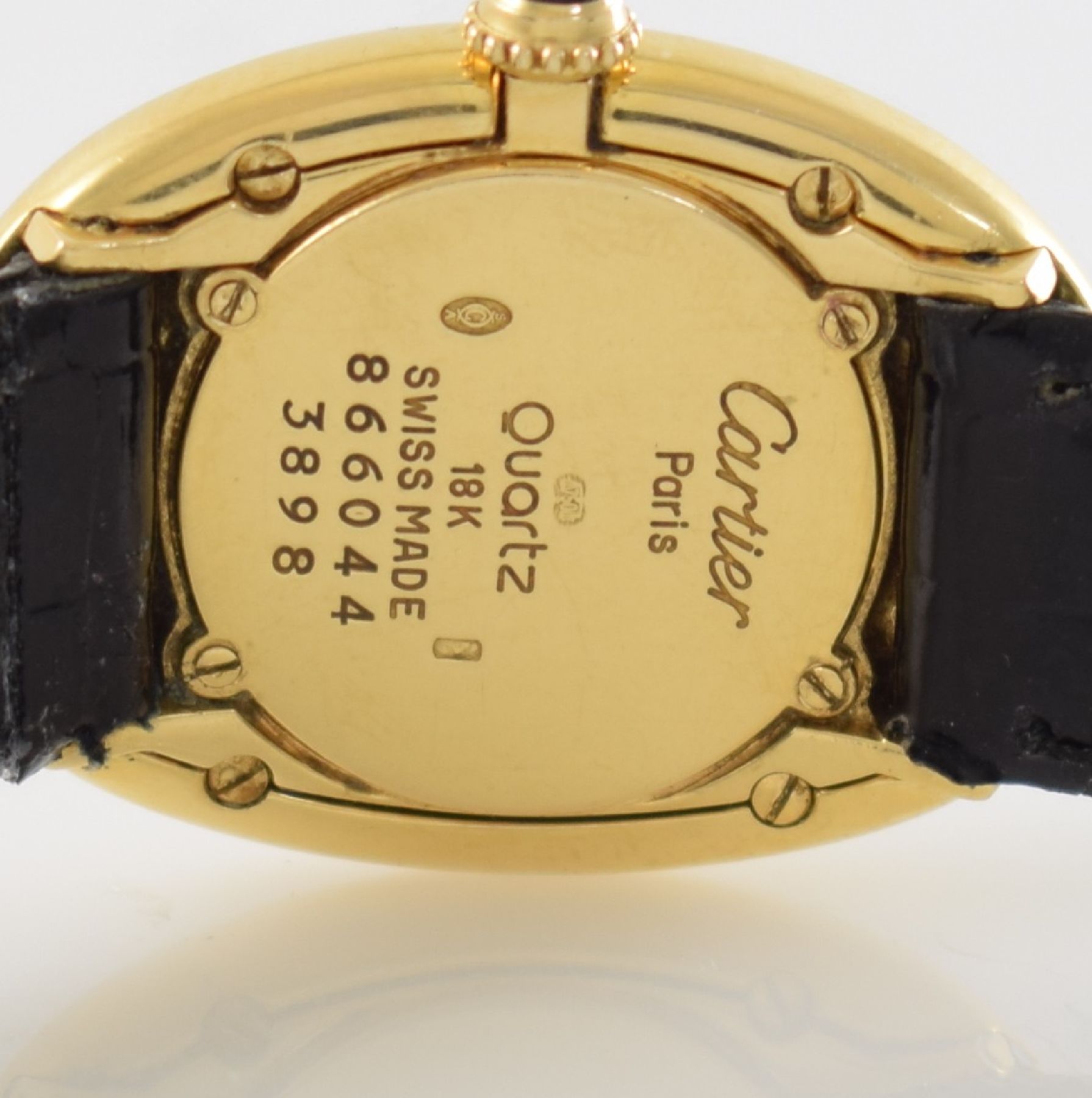 Detail g: CARTIER Paris Damenarmbanduhr Serie Baignoire in GG 750/000, Schweiz um 1990, quarz, Boden 4-fach verschr., vers. Zifferbl. m. röm. Std. altersbed. ...