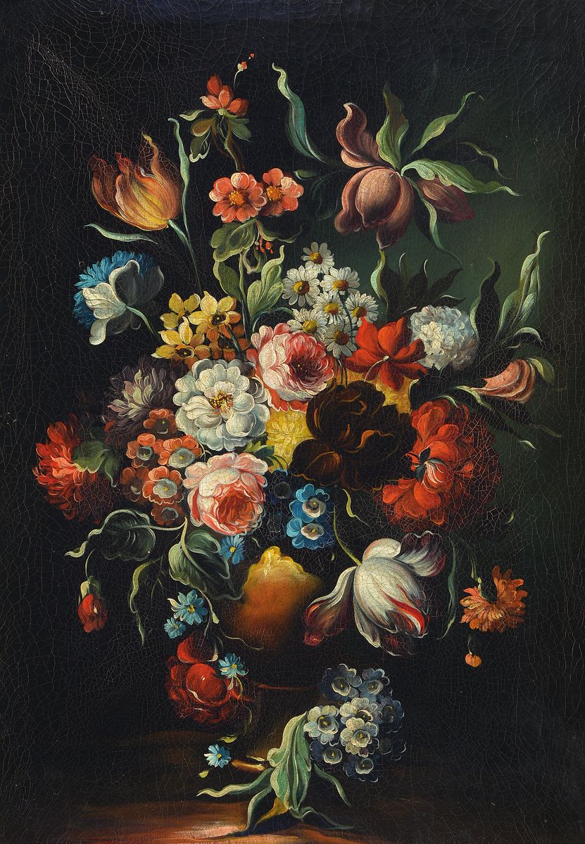 Unbekannter Maler, Niederlande, um 1830-50, nach dem Vorbild um 1680-1730, Blumenstillleben, Blumen verschiedener Jahreszeiten im sogenannten ...