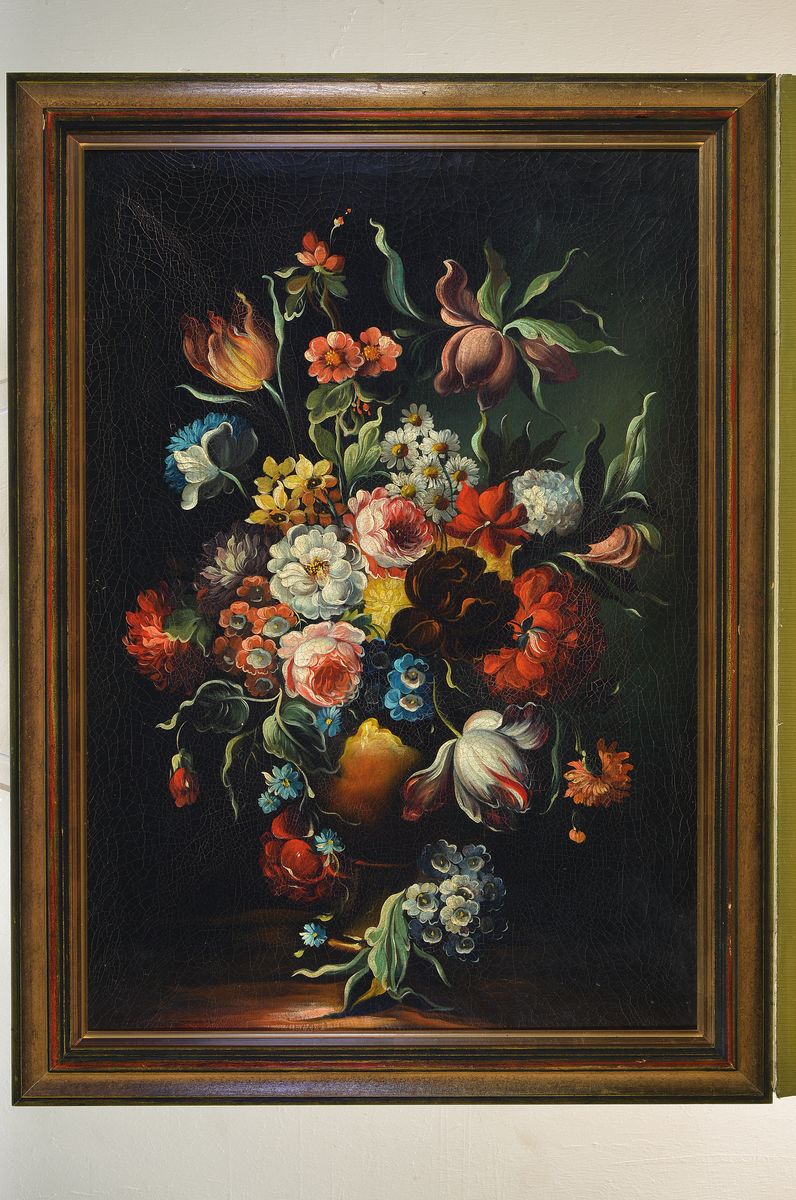 Detail k: Unbekannter Maler, Niederlande, um 1830-50, nach dem Vorbild um 1680-1730, Blumenstillleben, Blumen verschiedener Jahreszeiten im sogenannten ...