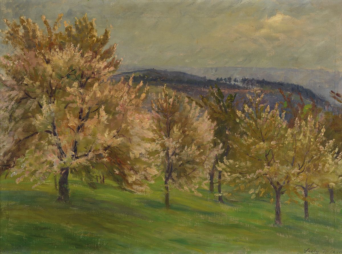 Sally Wiest, 1866 Trier-1952 Stuttgart, Studium an der Akademie Stuttgart bei Kappis, Müller und Haug, hier: Blühende Obstbäume auf einer Wiese, ...