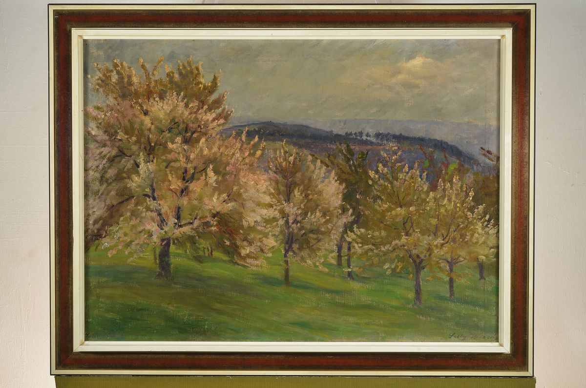 Detail k: Sally Wiest, 1866 Trier-1952 Stuttgart, Studium an der Akademie Stuttgart bei Kappis, Müller und Haug, hier: Blühende Obstbäume auf einer Wiese, ...