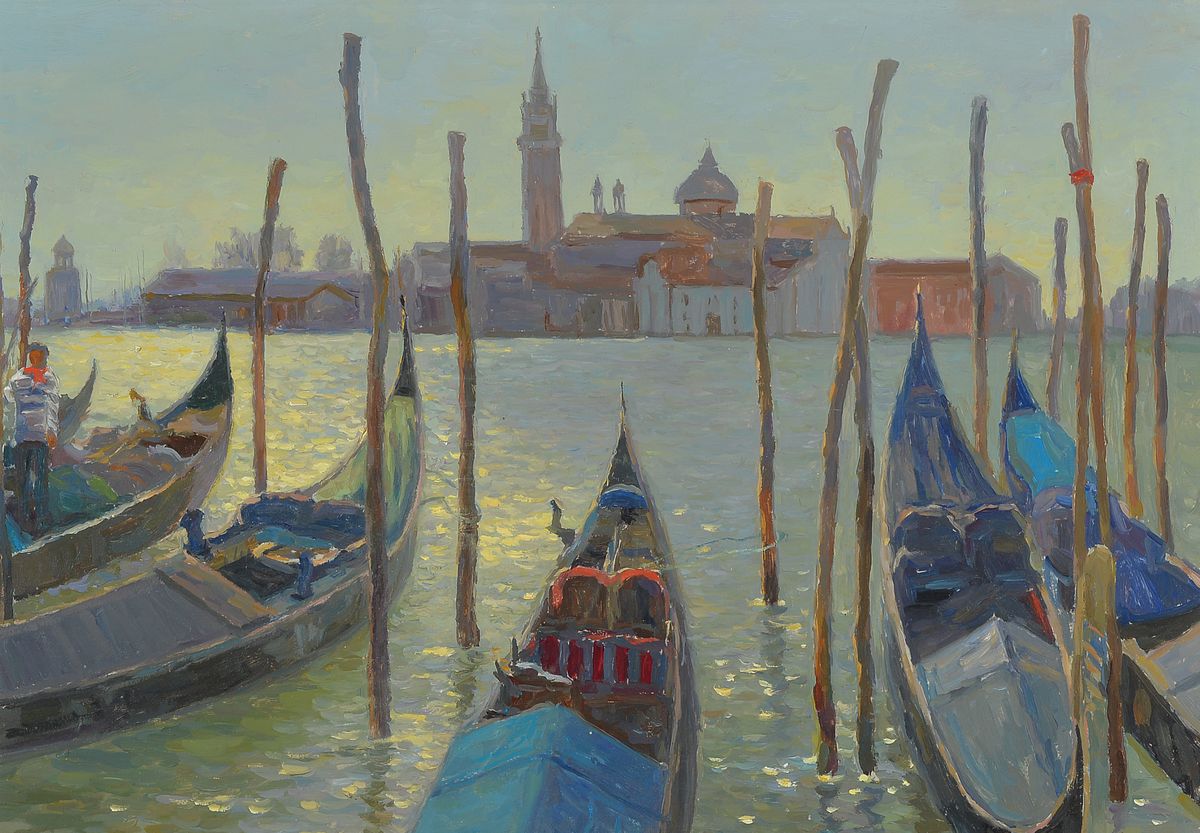 Anna Grigorievna Vilenskaya, geb. 1968, Gondeln in Venedig, Öl/Malkarton, rückseitig signiert und dat. 2004, ca. 35x50cm/52x67cm, R.
