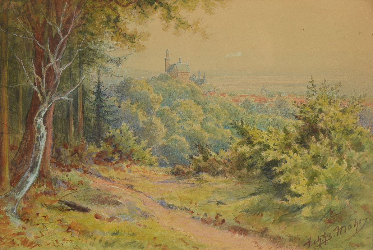 Detail b: Johann Georg Mohr, 1846-1943 Frankfurt a.M.,2 Aquarelle: Blick in das Weiltal im Taunus, rechts unten signiert, ca. 16x22cm, u.Gl., R.; Blick auf ...