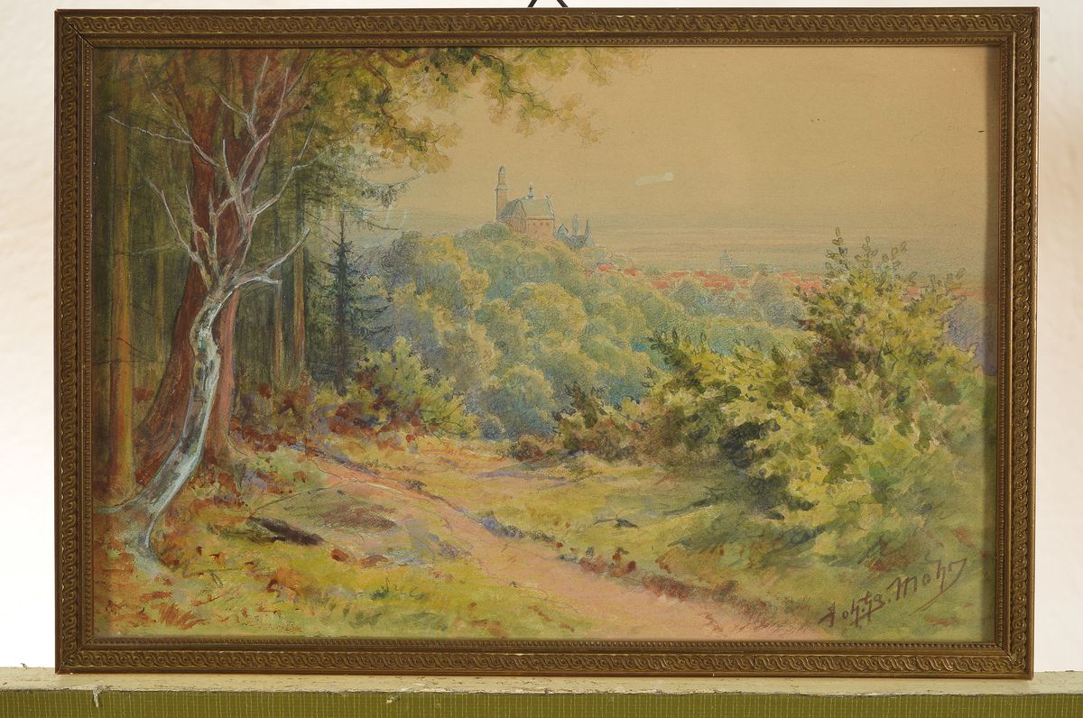 Detail m: Johann Georg Mohr, 1846-1943 Frankfurt a.M.,2 Aquarelle: Blick in das Weiltal im Taunus, rechts unten signiert, ca. 16x22cm, u.Gl., R.; Blick auf ...