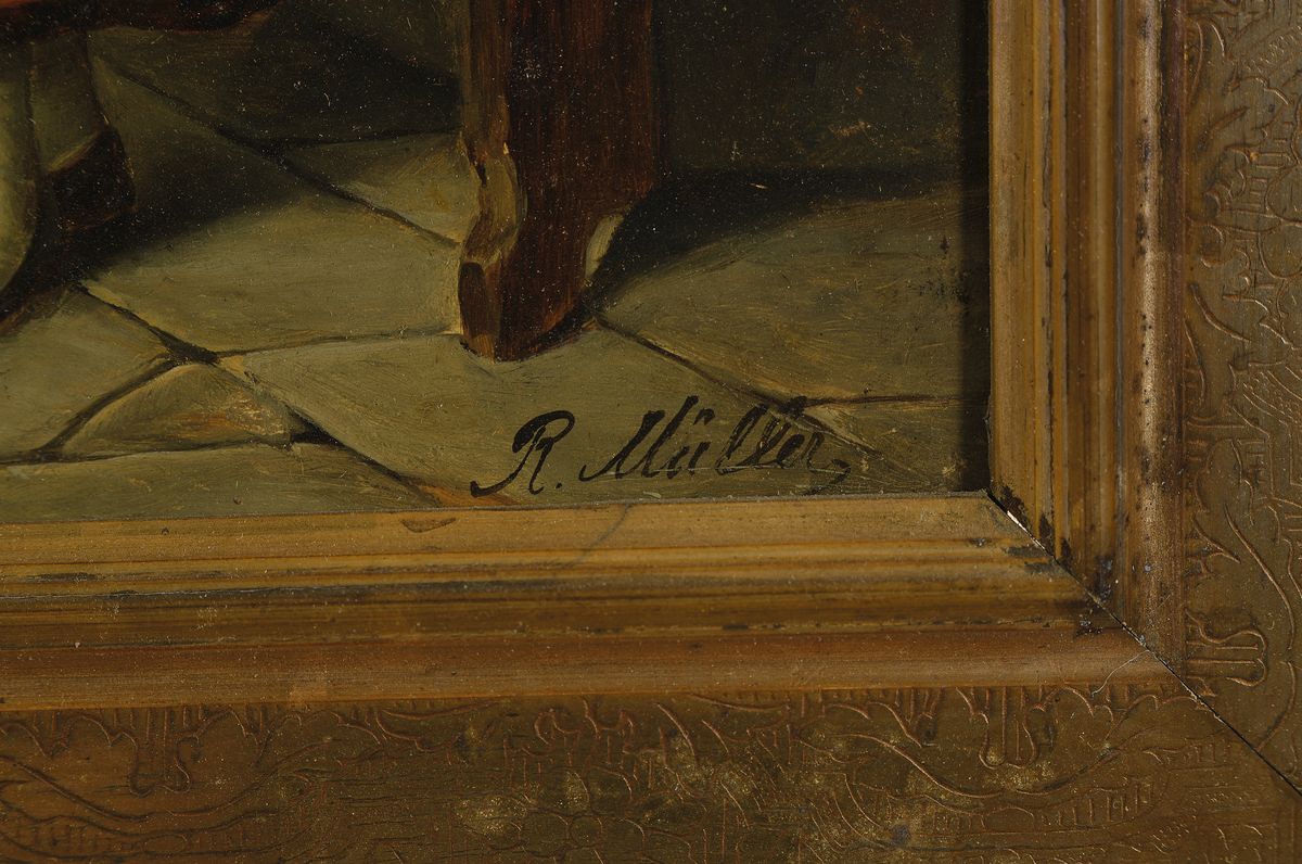 Detail a: R. Müller, Münchener Schule, um 1880, Interieur in der Stube, Öl/Holz, detailreiche Darstellung der Stube, re. u. signiert. R. Müller, ca. 31 x ...