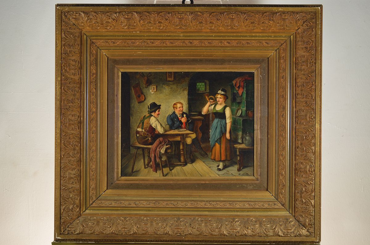Detail k: R. Müller, Münchener Schule, um 1880, Interieur in der Stube, Öl/Holz, detailreiche Darstellung der Stube, re. u. signiert. R. Müller, ca. 31 x ...