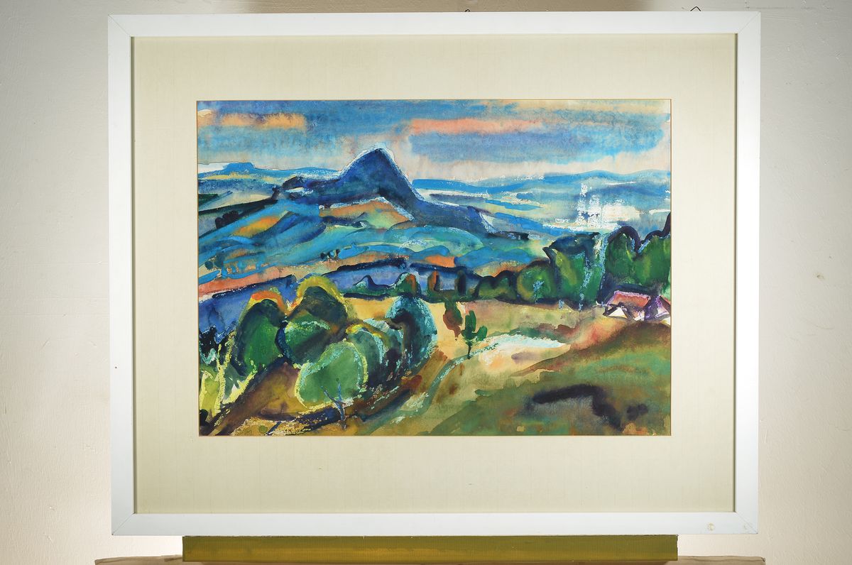 Detail k: Karl Osswald, 1925-1972 Riedheim, große Hegaulandschaft, Aquarell und Gouache auf Papier, links unten signiert, ca. 53x72cm, PP, u.Gl., R. ca. ...