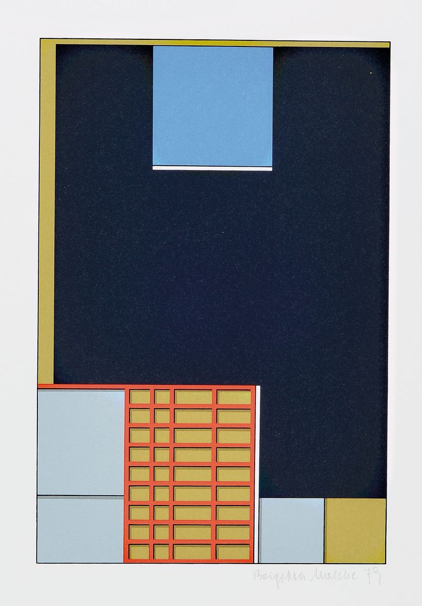 Brigitta Malche, geb. 1938 Linz, Studium an der Akademie Wien, hier. geometrische Komposition, Farbsiebdruck, handsigniert und dat. 79, ca. 27x18cm, ...