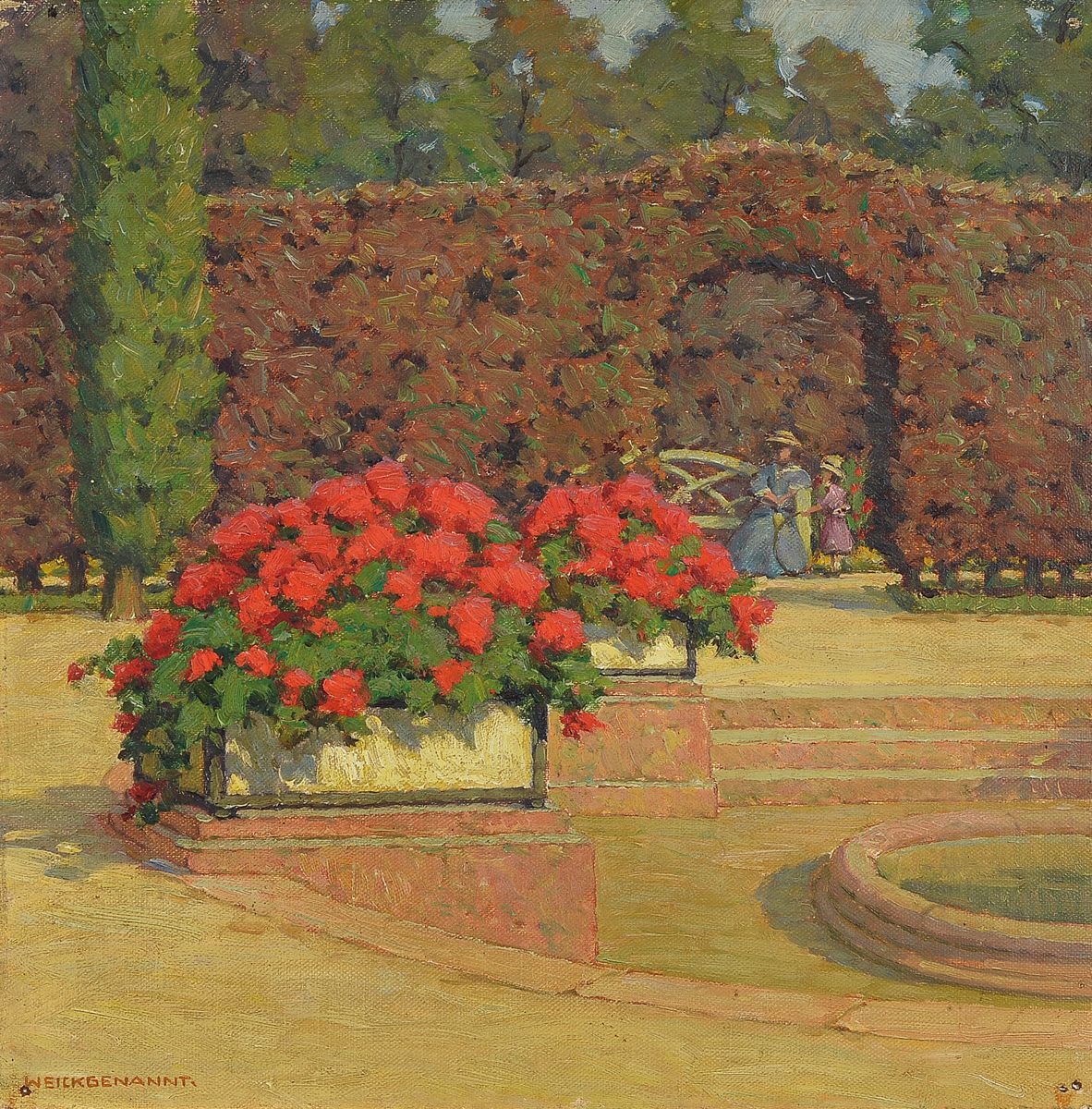 Karl Weickgenannt, 1896-1976 Karlsruhe, Studium an der Akademie Karlsruhe bei H. Göhler und F. Fehr, hier: Im Schlossgarten, Öl/Malkarton, links ...