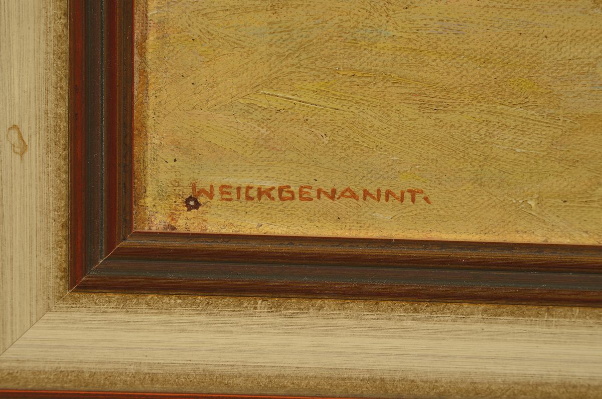 Detail a: Karl Weickgenannt, 1896-1976 Karlsruhe, Studium an der Akademie Karlsruhe bei H. Göhler und F. Fehr, hier: Im Schlossgarten, Öl/Malkarton, links ...
