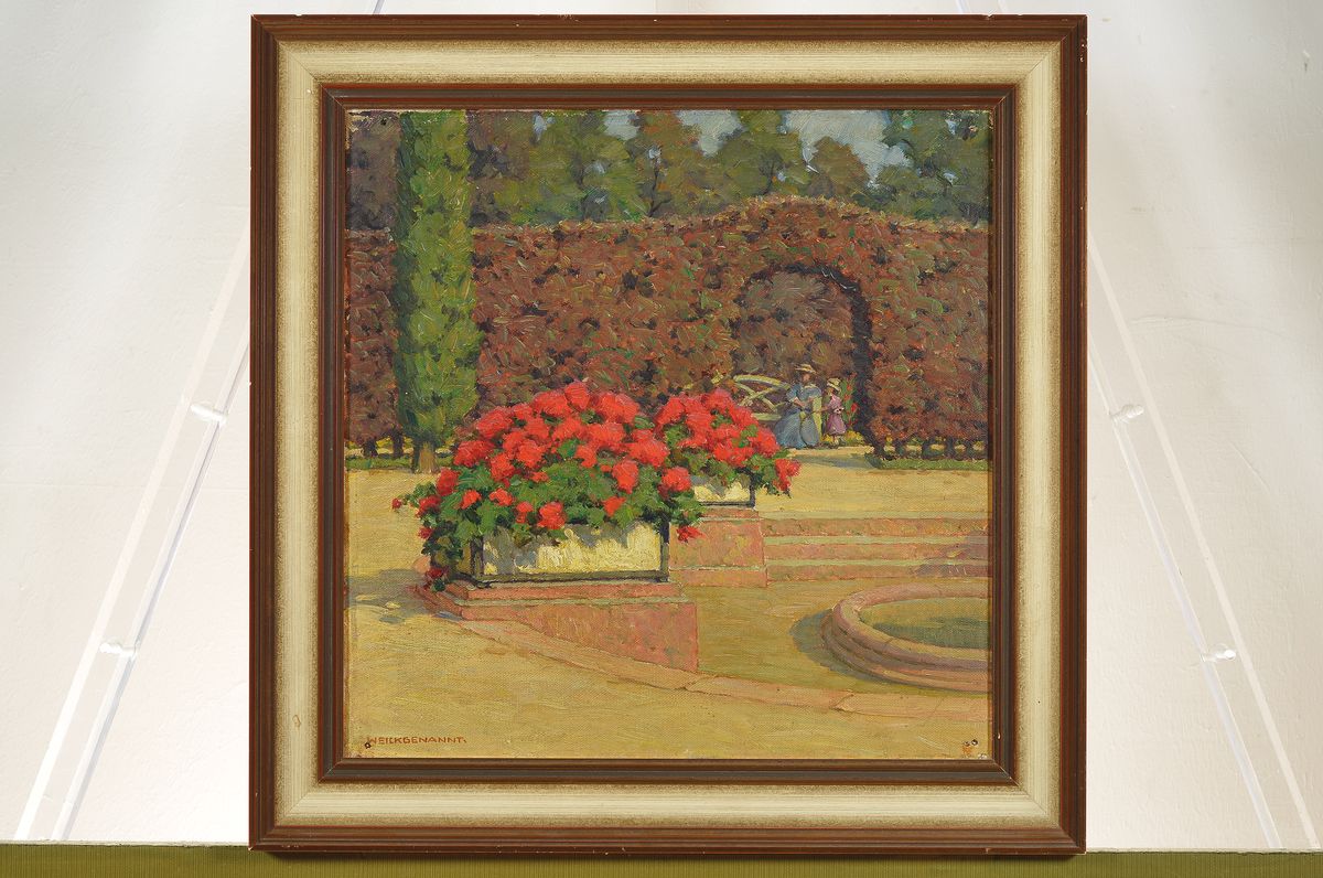 Detail k: Karl Weickgenannt, 1896-1976 Karlsruhe, Studium an der Akademie Karlsruhe bei H. Göhler und F. Fehr, hier: Im Schlossgarten, Öl/Malkarton, links ...