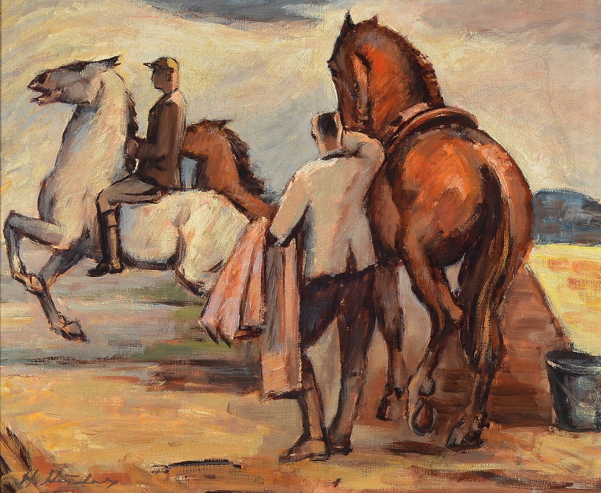 Hermann Huber, 1888 Wiedikon-1967 Hirzel, Schweiz, 1911-1918 Ausstellungen in der Berliner Sezession, hier: Reiter mit Pferden in Landschaft, ...