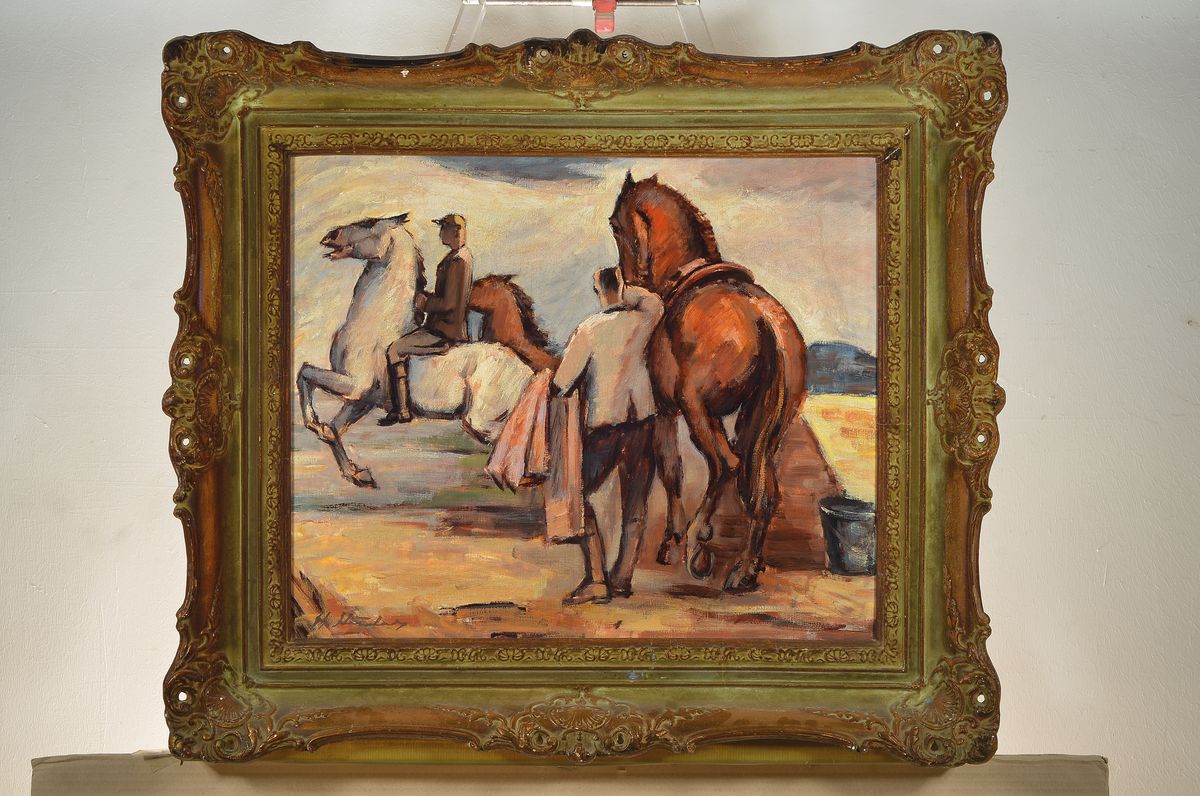 Detail k: Hermann Huber, 1888 Wiedikon-1967 Hirzel, Schweiz, 1911-1918 Ausstellungen in der Berliner Sezession, hier: Reiter mit Pferden in Landschaft, ...