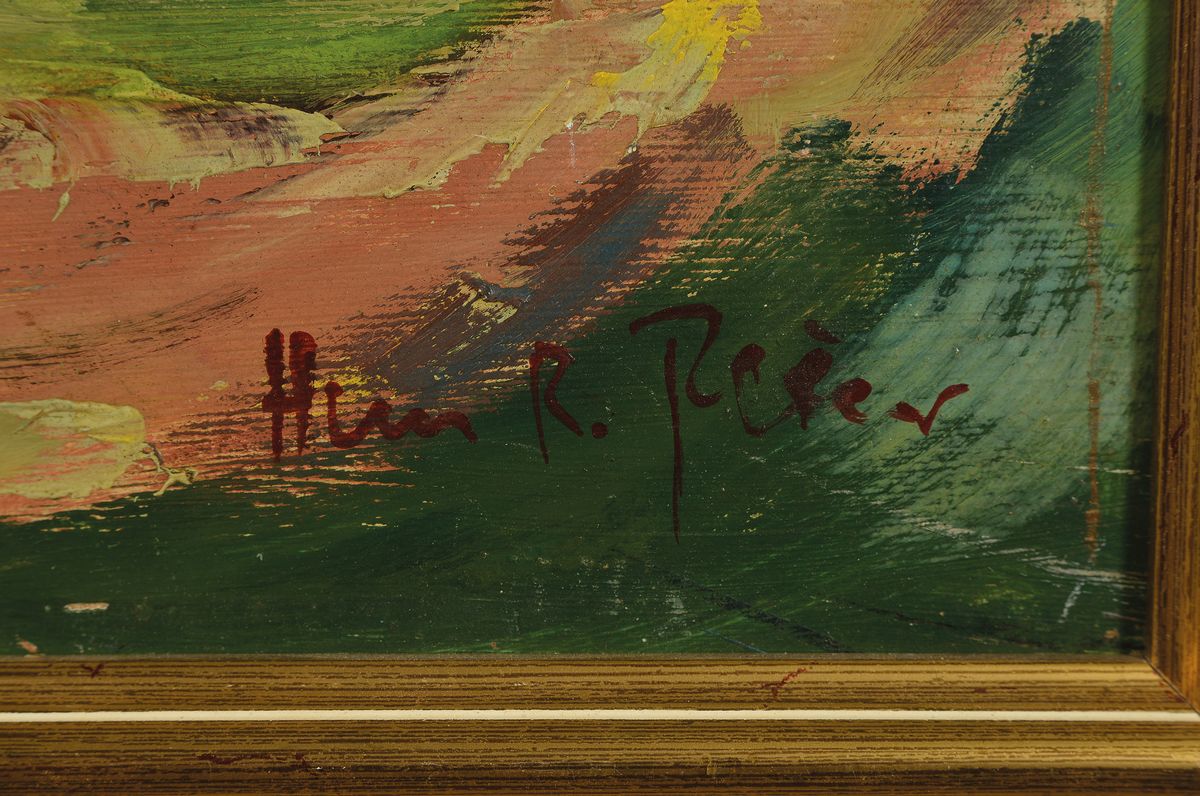 Detail a: Hans Rolf Peter, geb. 1926 Neustadt a. d. Weinstraße, Blick von der Haardt ins Neustädter Tal, Öl/Hartfaser, rechts unten signiert, ca.40x50cm, R. ...
