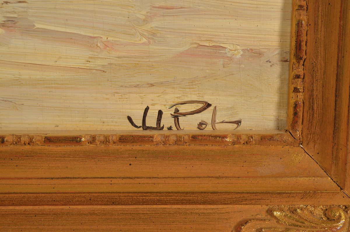 Detail a: Louis van der Pol, 1896-1982 Niederlande, 2 Pendants mit Winterlandschaften in Öl/Holz, beide signiert: Windmühle im Schnee und Dorf im Schnee, je ...