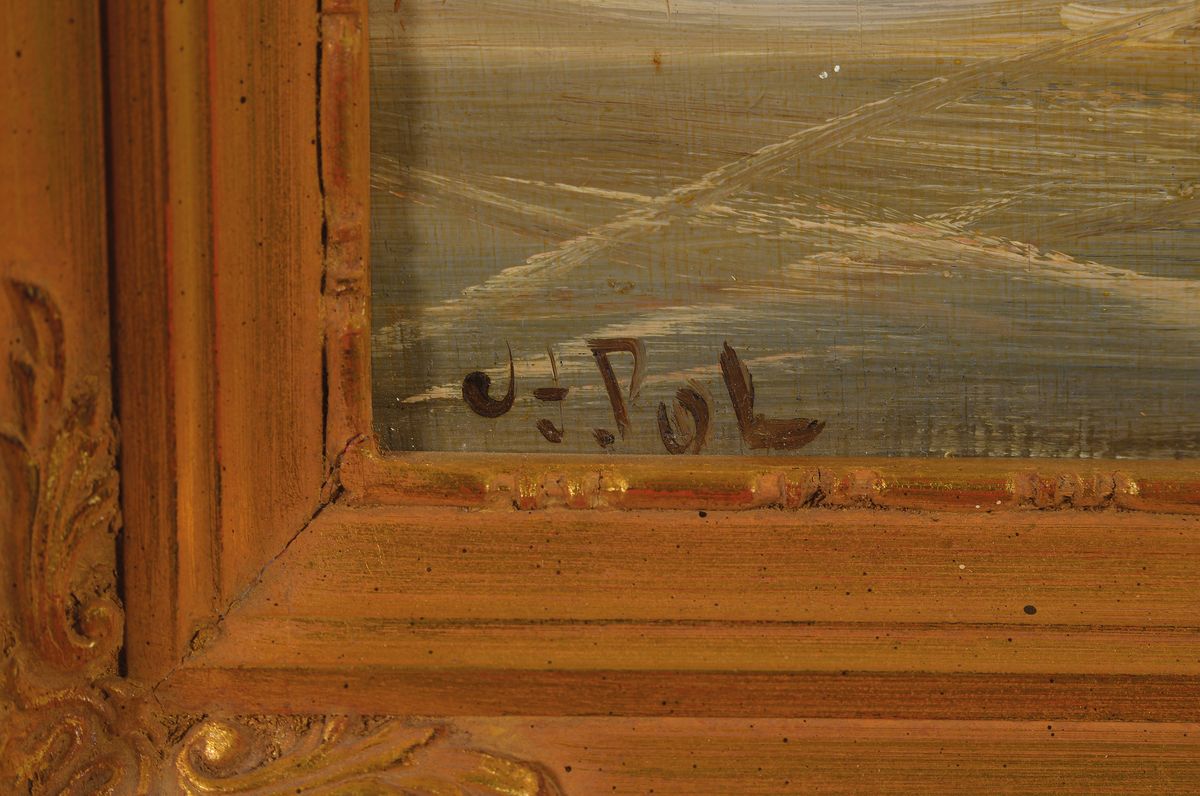 Detail b: Louis van der Pol, 1896-1982 Niederlande, 2 Pendants mit Winterlandschaften in Öl/Holz, beide signiert: Windmühle im Schnee und Dorf im Schnee, je ...