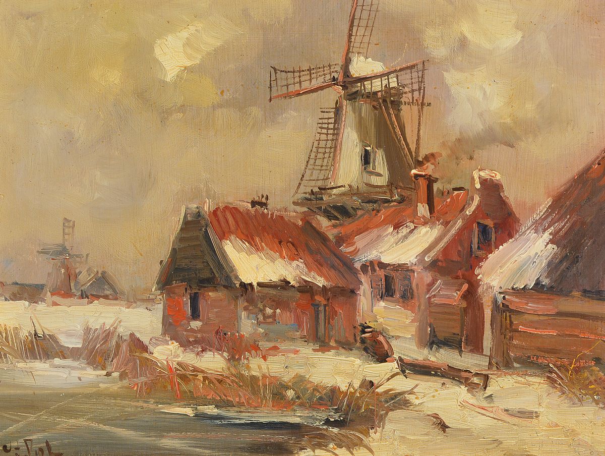 Detail c: Louis van der Pol, 1896-1982 Niederlande, 2 Pendants mit Winterlandschaften in Öl/Holz, beide signiert: Windmühle im Schnee und Dorf im Schnee, je ...