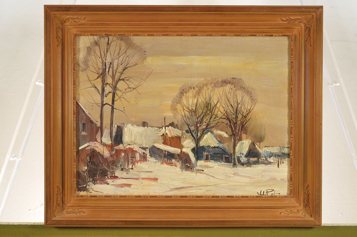Detail k: Louis van der Pol, 1896-1982 Niederlande, 2 Pendants mit Winterlandschaften in Öl/Holz, beide signiert: Windmühle im Schnee und Dorf im Schnee, je ...