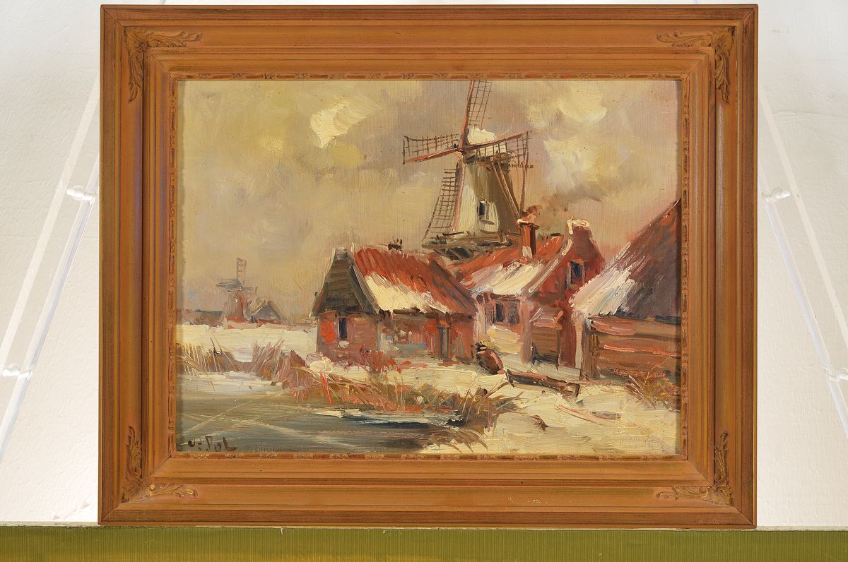 Detail n: Louis van der Pol, 1896-1982 Niederlande, 2 Pendants mit Winterlandschaften in Öl/Holz, beide signiert: Windmühle im Schnee und Dorf im Schnee, je ...