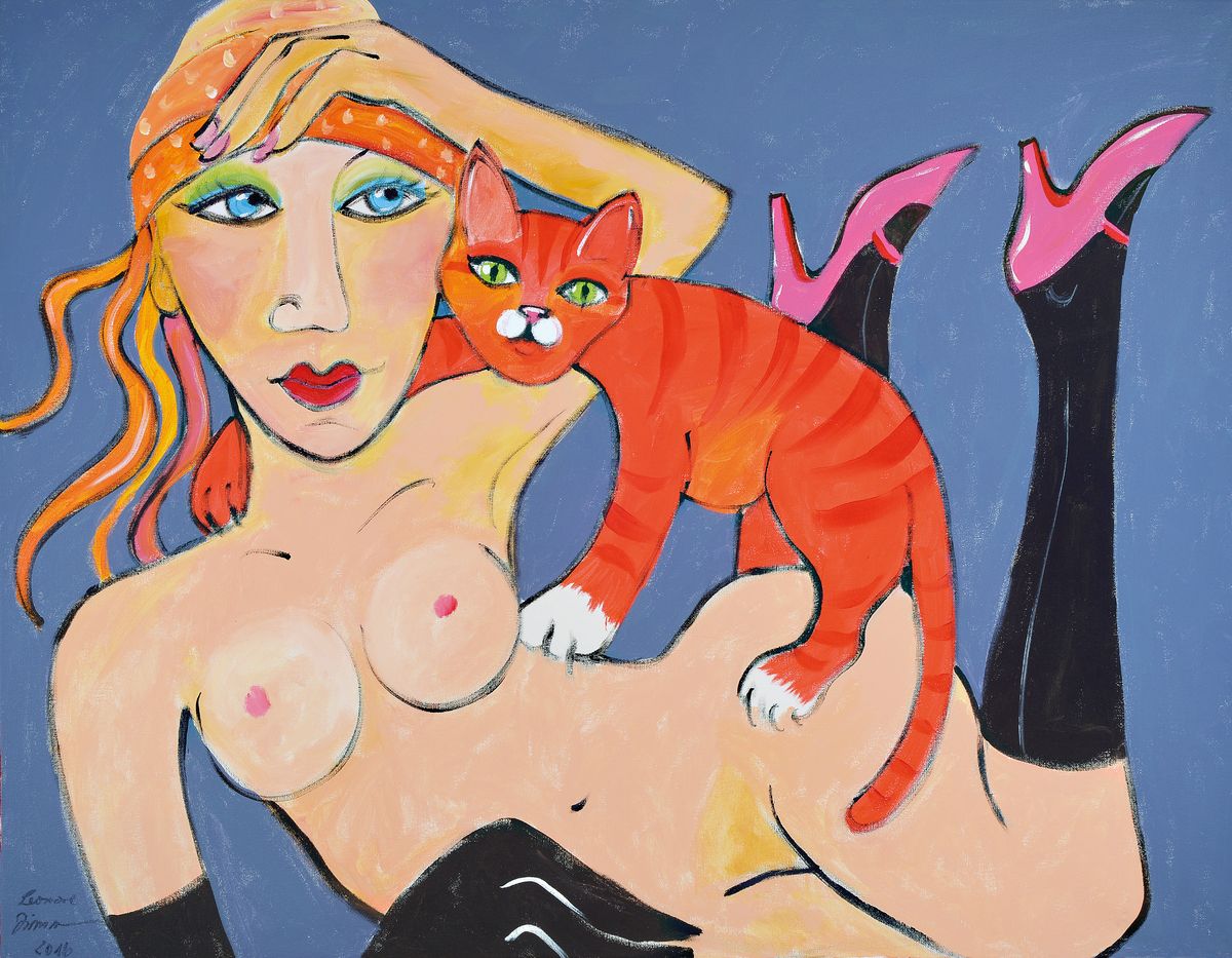Leonore Zimmermann, geb. 1950, tätig in München, Akt mit roter Katze, Acryl auf Lwd, links unten signiert und dat. 2016, ca. 70x90cm