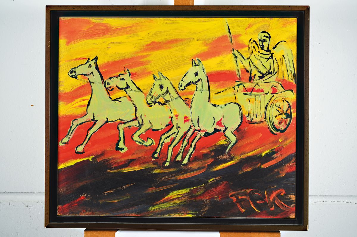 Detail k: Felix Samuel Pfefferkorn, 1945 Berlin-1980, bekannter Vertreter der Berliner Wilden, hier:Honorable Quadriga, Acryl auf Hartfaser, monogr., ...