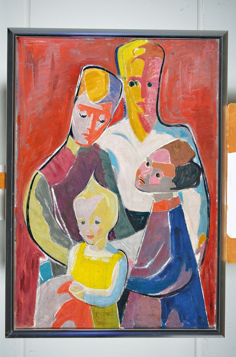 Detail k: Annemarie Hammer-Fleck, 1913 Allenstein/ Ostpreussen-2001 Ulm, Kindergruppe, Acryl/Malkarton, rückseitig signiert und betitelt, mit Preis 2500 DM ...