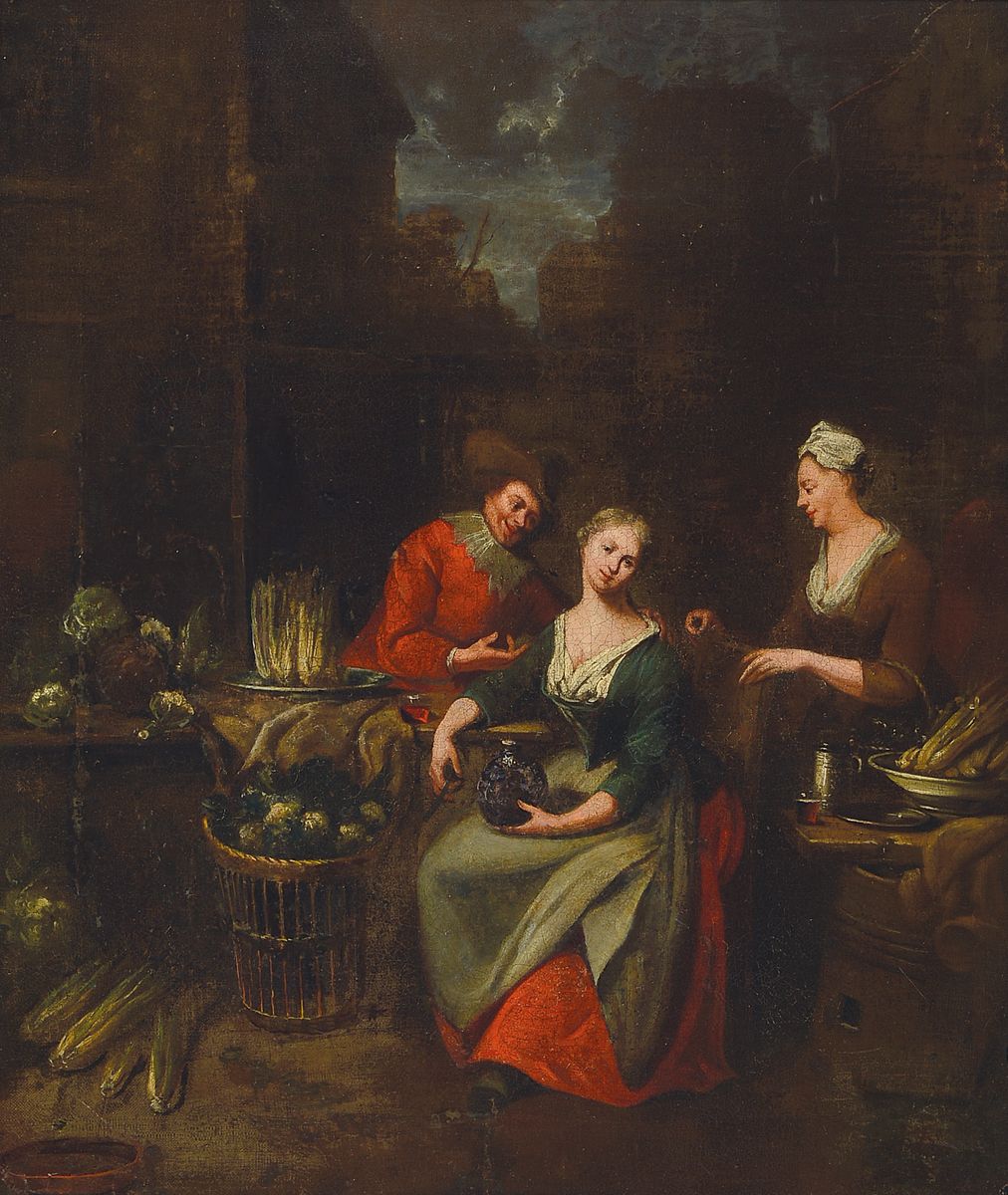 Zuschreibung: Nicholas Maes, 1634-1693, Bei der Gemüsehändlerin, Öl/Lwd, restauriert, doubliert, ca. 56x48cm, R. ca. 76x68cm
