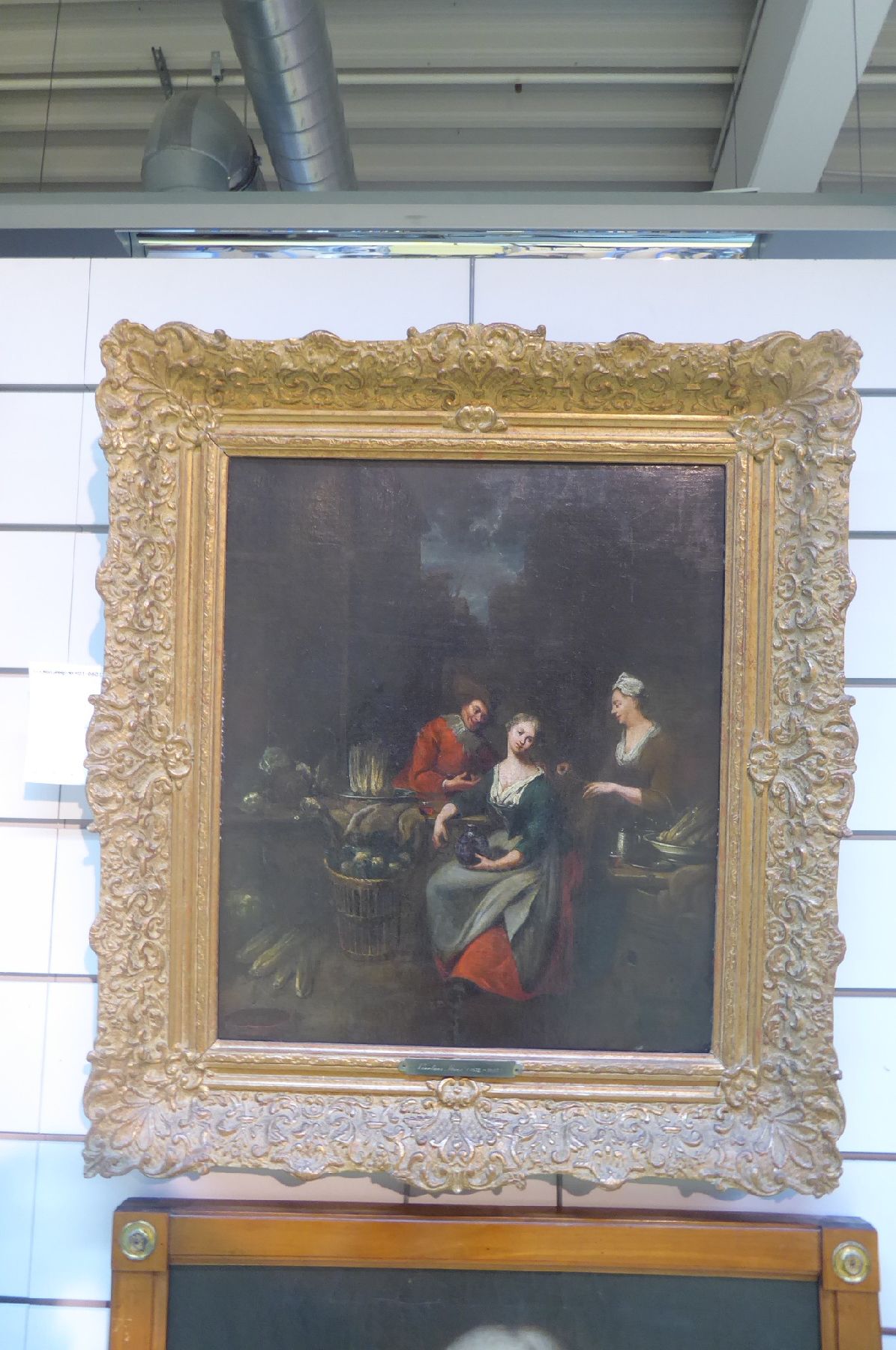 Detail a: Zuschreibung: Nicholas Maes, 1634-1693, Bei der Gemüsehändlerin, Öl/Lwd, restauriert, doubliert, ca. 56x48cm, R. ca. 76x68cm